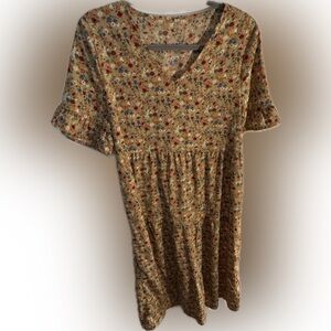 Floral Boho Babydoll Dress Tan Ditsy Print Ruffle Sleeve Size Large